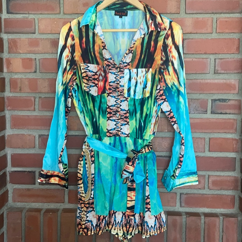 Manish Vaid large nwot rayon versaceromper gold beaded button front collared